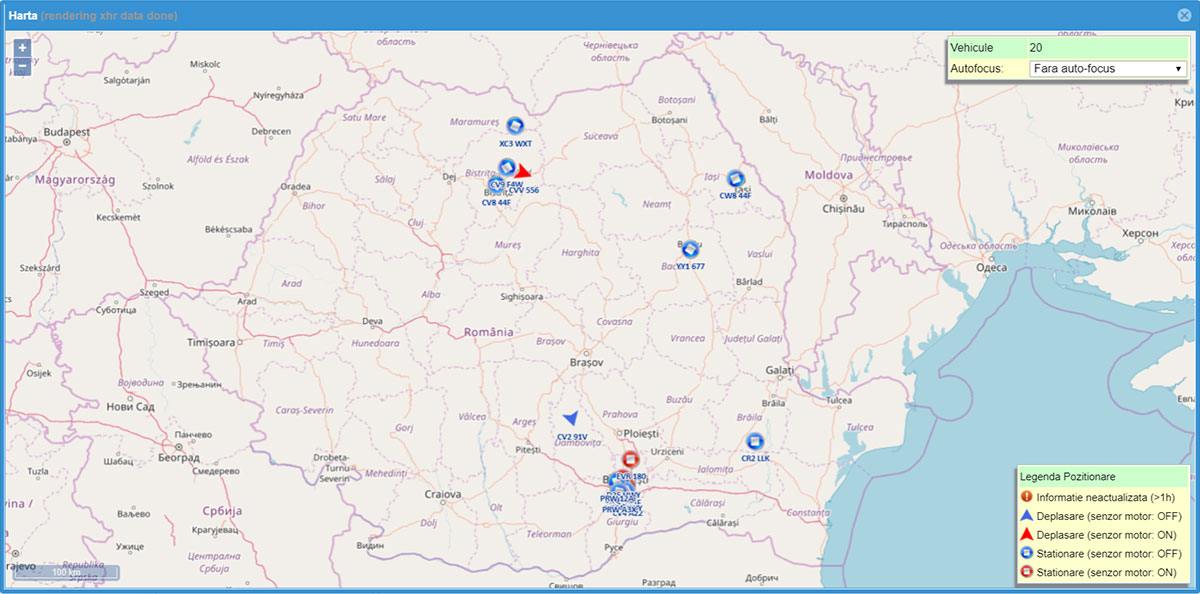 Screenshot din aplicatia Digi Cartracs pentru urmarirea in timp real a locatiei vehiculelor din flota.
