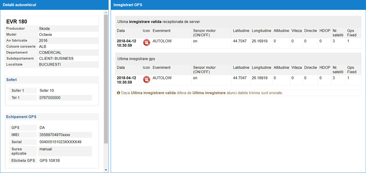 Screenshot din aplicatia Digi Cartracs pentru monitorizarea flotei auto.
